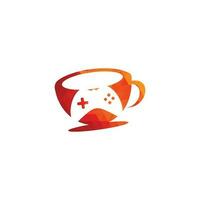 Game cafe logo. game button on coffee cup with typographic vector