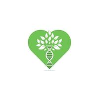 Dna tree heart shape concept vector logo design. DNA genetic icon. DNA with green leaves vector logo design.