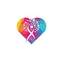 Dna tree heart shape concept vector logo design. DNA genetic icon. DNA with green leaves vector logo design.