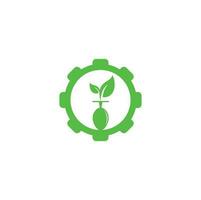 Healthy food gear shape concept logo template. Organic food logo with spoon and leaf symbol. vector