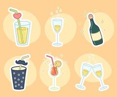 Hand drawn drinks set in cartoon style. Soda, champagne, cocktails. Colorful vector illustrations.