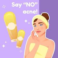 Beauty skin ad template. Facial treatments. Infographics facials. Say no to acne. Cute girl and tube of cosmetic product. Colorful vector illustration.