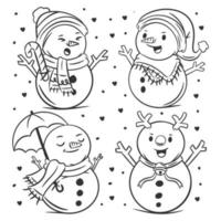 Snowman character set of hand drawn coloring vector