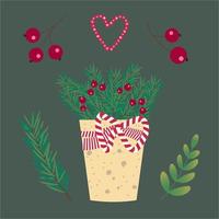 Red Heart, branches, berries. Collection of New Year and Christmas attributes vector flat illustration.