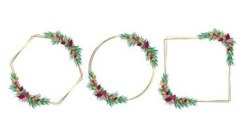 Vector Gold Christmas frame with Spruce Branches and Briar