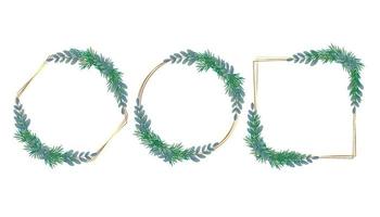 Vector Gold Christmas frame with Spruce Branches and Blue Leaves. Vector illustration