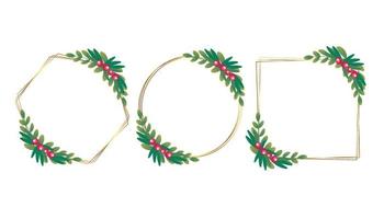 Vector Gold Christmas frame with Green Branches and Red Berries. Vector illustration