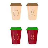 Juego navideño de vasos de papel para café. café para llevar para el menú de invierno. ilustración vectorial aislado sobre fondo blanco vector