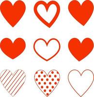 Heart hand drawn different red icons set, collection of hearts. Love symbols. Vector illustration
