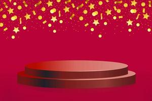 Podium with circles stars ribbons on a red horizontal background. 3d style. Stage podium. Gold design. Vector illustration.