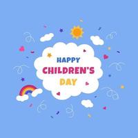 Happy Children's Day on the background of a blue sky with clouds. Colorful greeting card with clouds, confetti and rainbow. International Children's Day. vector