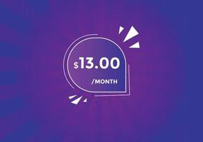 13 USD Dollar Month sale promotion Banner. Special offer, 13 dollar month price tag, shop now button. Business or shopping promotion marketing concept vector