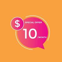 10 USD Dollar Month sale promotion Banner. Special offer, 10 dollar month price tag, shop now button. Business or shopping promotion marketing concept vector