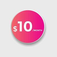 10 USD Dollar Month sale promotion Banner. Special offer, 10 dollar month price tag, shop now button. Business or shopping promotion marketing concept vector