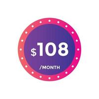 108 dollar price tag. Price 108 USD dollar only Sticker sale promotion Design. shop now button for Business or shopping promotion vector