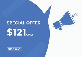 Banner de promoción de venta mensual de 121 dólares estadounidenses. oferta especial, etiqueta de precio mensual de 121 dólares, botón comprar ahora. concepto de marketing de promoción de negocios o compras vector