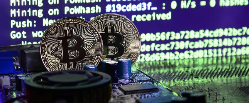 Two bitcoins lies on a videocard surface with background of screen display of cryptocurrency mining by using the GPUs photo