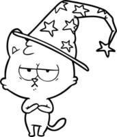 Line drawing cartoon bored cat wizard vector