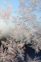 Snowflakes frost rime macro on window glass pane photo