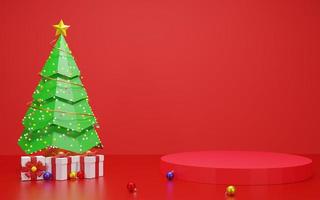 Modern red podium web banner with christmas tree design photo