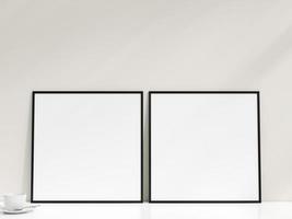 Interior poster mockup with photo frame leaning against the white wall. Minimalist photo frame mockup. Empty frame stands on white table. 3d rendering.