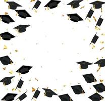 Graduation. Transparent background with realistic flying black degree caps confetti balloons and diplomas. Vector image school and university education banner with gold glitter on white background