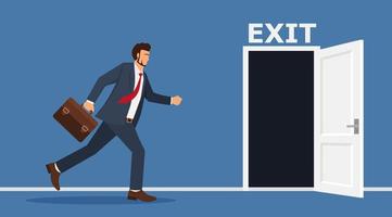 Quit routine job, leaving or escape way for business dead end to be success or exit from work difficulties concept, businessman worker in suit running in hurry to emergency door with the sign exit. vector