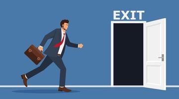 Quit routine job, leaving or escape way for business dead end to be success or exit from work difficulties concept, businessman worker in suit running in hurry to emergency door with the sign exit. vector