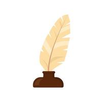 Golden inkwell with white feather, cartoon style icon. Realistic isolated vector illustration. Design for stickers, logo, web and mobile app.