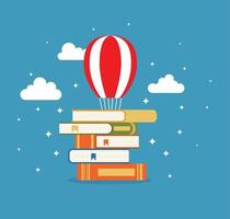 Stack of books with air balloon. Fantasy, fairy tale. Imagination and inspiration picture.Vector flat illustration. vector