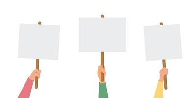 Empty sign in hand. Hands holding blank protest poster. Cartoon vector illustration. Placard and poster empty, protest announcement board