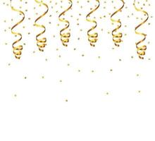 Golden Tiny Confetti And Streamer Ribbon Falling On Transparent Background. Vector