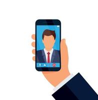 Person having a video call or online conference meeting, smartphone interface. 3d vector icon. Cartoon minimal style. Video chat user interface, video calls window.