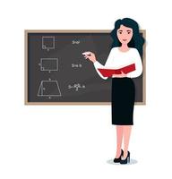 Female teacher in classroom. Smiling woman teacher standing by blackboard or chalkboard in the classroom. School and learning concept, teacher s day. vector