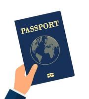 mano con pasaporte de inmunidad. persona con certificado de vacunación o ilustración de vector plano de documento. salud, coronavirus, pandemia, concepto de viaje para banner, diseño de sitio web o página de destino