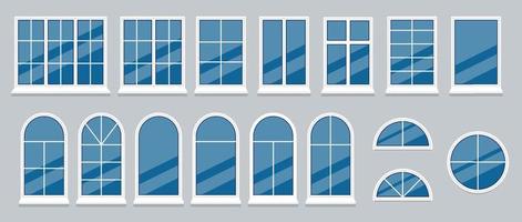 Set of realistic glass transparent plastic windows with window sills, sashes. White home, office windows, with one, two, three, five sections, roller blind, handle for adjustment. Vector illustration.