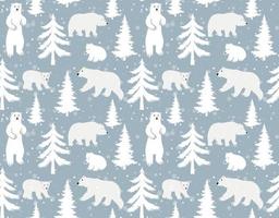 Seamless vector pattern with cute hand drawn polar bears, pine trees and snowy winter woodland on dark blue background. Perfect for textile, wallpaper or print design.