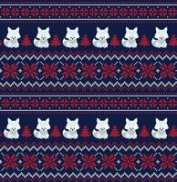 Knitted Christmas and New Year pattern into foxes. Wool Knitting Sweater Design. Wallpaper wrapping paper textile print. vector
