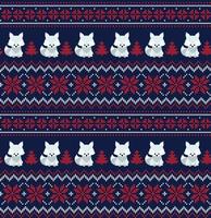 Knitted Christmas and New Year pattern into foxes. Wool Knitting Sweater Design. Wallpaper wrapping paper textile print. vector