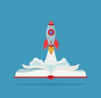 Rocket launch, ship and opened book. Vector illustration. Concept of education poster, banner.