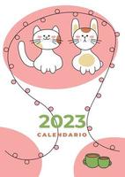 Calendar cover. Cute and funny symbols of 2023 cat and rabbit, garland with balls, cups of tea, abstract ovals. Cartoon vector illustration.