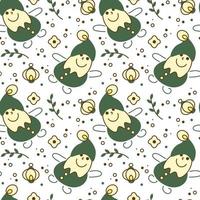 Gnome pattern. Seamless pattern with cute gnome, lantern, twigs, flowers. vector