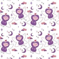 Fairy princess pattern. Seamless pattern with cute fairy, moon, stars and clouds. vector