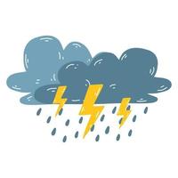 Cartoon thundercloud with lightning and rain. Vector illustration of overcast weather, natural phenomena