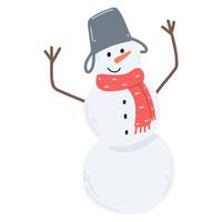 Happy snowman wearing hat and scarf in cartoon hand drawn style. Vector illustration of cute winter character