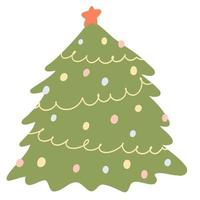 Christmas tree in cartoon flat style. Hand drawn vector illustration of evergreen tree with decorations and garland. Christmas and New Year celebration concept