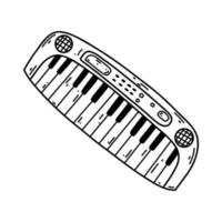 Doodle synthesizer. Vector sketch illustration of musical instrument, black outline art for web design, icon, print, coloring page