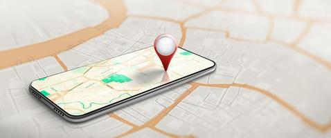 Application of GPS Navigation map on smartphone with Red, blue, and yellow pinpoint. photo