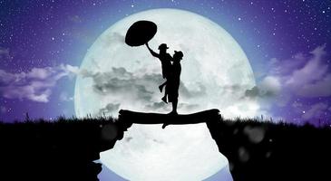 Silhouette of Couple, Lover, Relationship at night landscape. photo