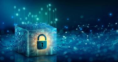 Cube computing technology with padlock. Cloud data and Internet Security. photo